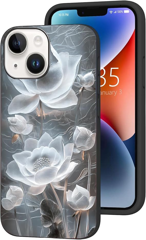 Fashion Case for iPhone 15, Pretty White Lotus Shockproof Design Pattern Slim Soft Protective Case
