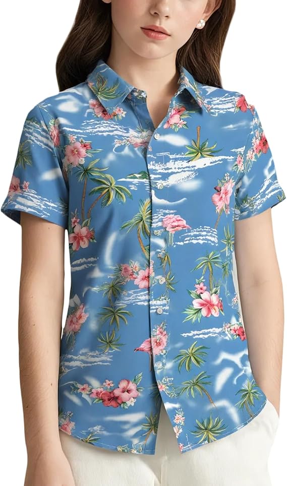 SSLR Big Girls Hawaiian Shirt Beach Tropical Summer Casual Short Sleeve Button Down Shirt