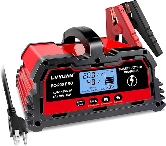 LVYUAN 20A 12V/24V Battery Charger, Smart Car Battery Charger with Trickle Charger, 12V LiFePO4 Charger,Car Battery Maintainer with LCD Display, Suitable for Trucks,AMG,Motorcycles