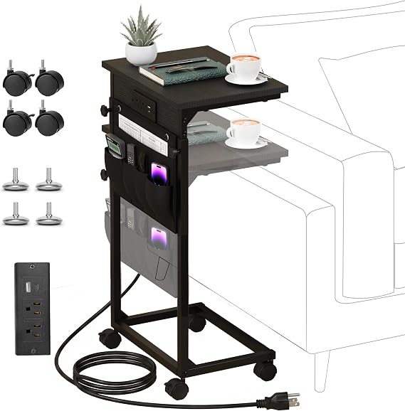 Adjustable Height Couch Table with USB-C Charging Station (Black)