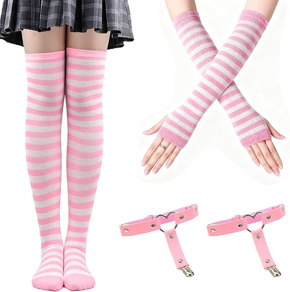 Thigh High Socks & Long Fingerless Gloves with Women's Leather Thigh Garter, Striped Knee High Socks Women Socks and Arm Warmers for