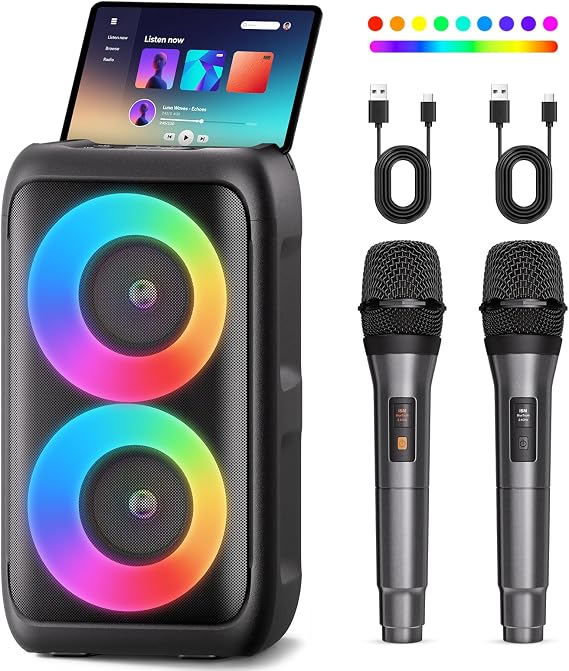 Bluetooth Speaker with 2 Wireless Microphones - Big Party Speaker for Adults Kids Karaoke with Lights - Portable Rechargeable Floorstanding Speakers Support TWS/AUX/USB/TF Card for Home Party Gift