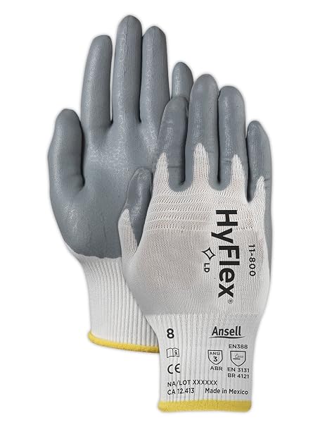 Ansell 103346 HyFlex 11-800 Foam Nitrile Palm Coated Knit Assembly Gloves, 0.33" Height, 9.75" Length, 4.5" Wide, Size 11, White (Pack of 12)