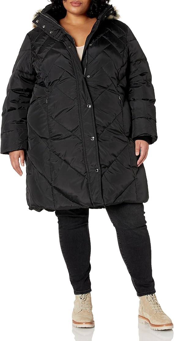 LONDON FOG womens Plus Size Snap Front Hooded Multi Pattern Quilt Down Coat