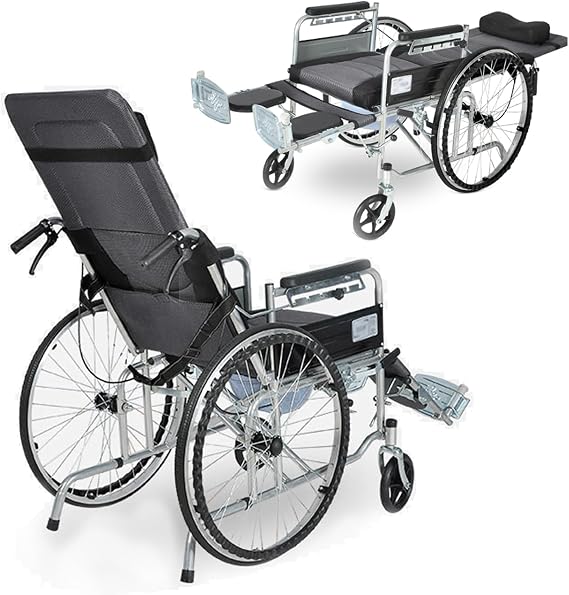 Reclining Wheelchairs for Adults 90 to 180, Lightweight Wheelchair Foldable with Wheelchair Tray, with Leg and Head Support, High-Back Headrest, Capacity 220 lbs, Elderly Seniors and Adults