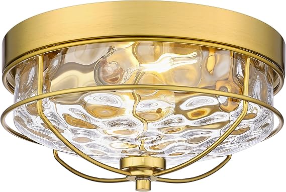 Flush Mount Ceiling Light Gold, HWH 12 Inch Ceiling Light Fixture with Water Ripple Hammered Glass, Modern 2-Light Ceiling Mount Light for Bedroom Kitchen Foyer, 5HTJ7WG-F BG