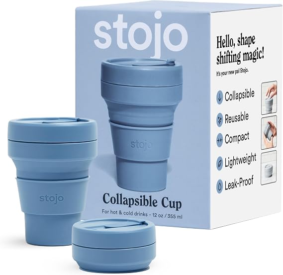 STOJO On-The-Go Collapsible Coffee Cup - 12oz / 355ml - Reusable & Foldable Silicone Travel Mug with Lid - Portable, Pocket Size - Dishwasher Safe - Steel Blue