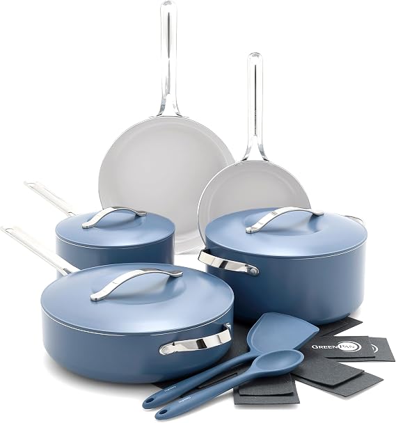 GreenPan Nova 10-Piece Cookware Pots & Pans Set, Oprahs Favorite Things 2024, PFAS-Free Ceramic Nonstick, Fry, Saute, Stockpot, Utensils, Lids, Induction Suitable, Dishwasher & Oven Safe, Ocean Blue