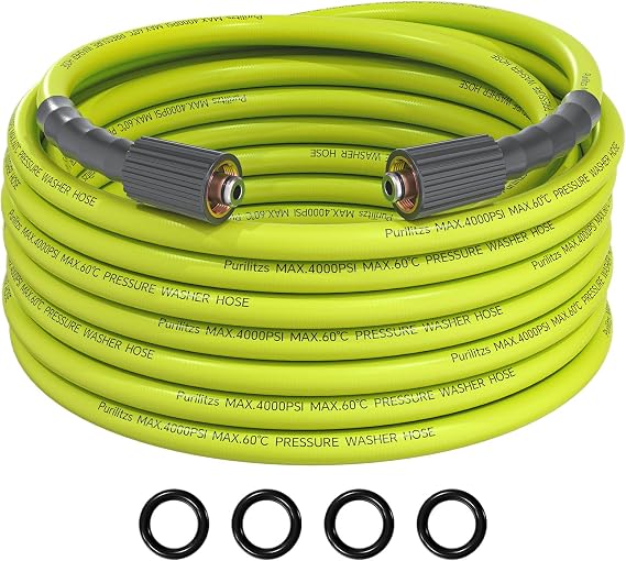 Pressure Washer Hose 25FT, No Kink Power Washer Hose 4000PSI | 1/4'' Flexible Replacement Hose with M22 14/15 Fittings for Car Washing, Patio & Garden Cleaning, Green