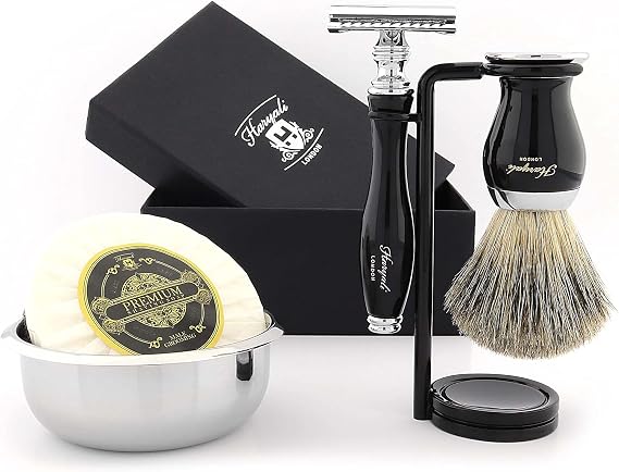 Haryali London 5 Pcs Wet Shave Kit – Complete Shaving Set with Double Edge Safety Razor, Shaving Soap, Shaving Brush, Bowl & Stand – Traditional Shaving Set for Men