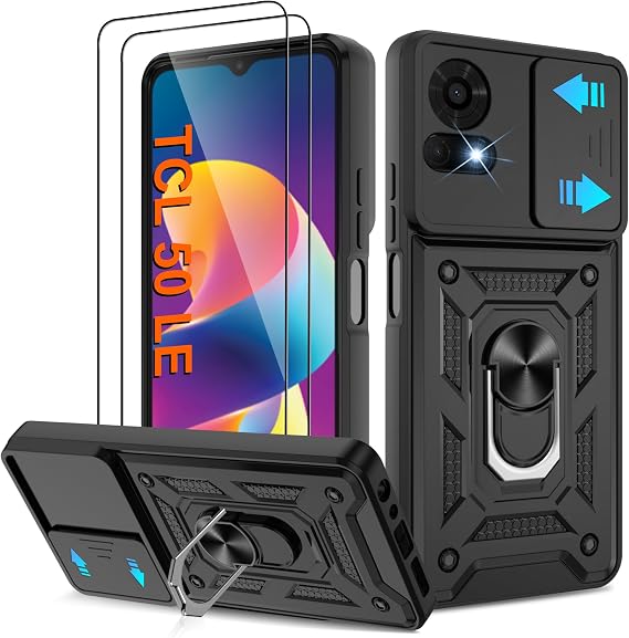 ATUMP for TCL 50 LE Phone Case with [2 Pcs] HD Screen Protector, Heavy Duty Shockproof with 360 Rotation Kickstand [Military Grade] Protective Case for TCL 50 LE, Black