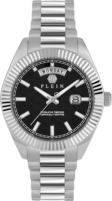 Philipp Plein Date Superlative Collection Luxury Mens Watch Timepieces with a Silver Bracelet Featuring a Stainless Steel Case and a Black Dial