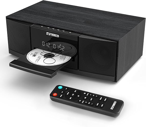 Bluetooth Stereo System for Home with CD Player, FM Radio, 36W RMS | Dual 3-Inch Speakers, Bluetooth 5.3, 40 FM Presets, LED Clock & Alarm, USB/SD Playback & AUX Input, IR Remote, Black Wood