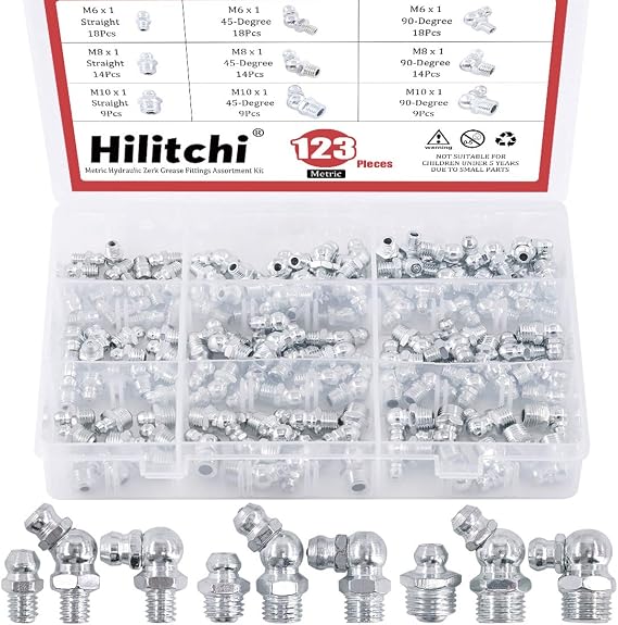 Hilitchi 123Pcs Metric Hydraulic Zerk Grease Fittings Assortment Kit (Metric)