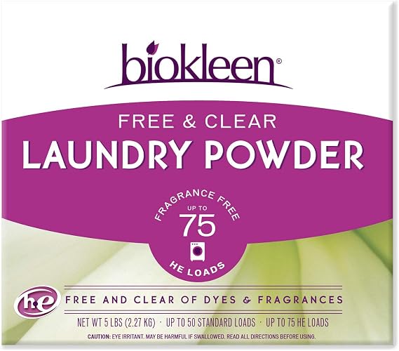 Biokleen Laundry Detergent Powder, Concentrated, Eco-Friendly, Non-Toxic, Plant-Based, No Artificial Fragrance or Preservatives, Free & Clear, Unscented, 5 Pounds - 75 HE Loads/50 Standard Loads