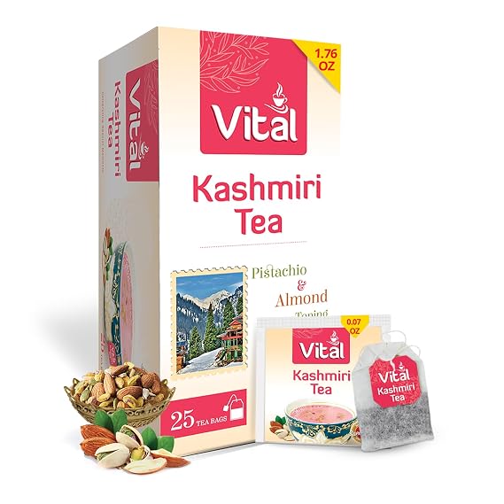 Vital Kashmiri Tea Bags - 25 Green Tea Bags with Real Pistachio & Almond Topping - Each Tea Bag Individually Wrapped for Traditional Kashmiri Chai - Aromatic, Soothing & Flavorful Chai