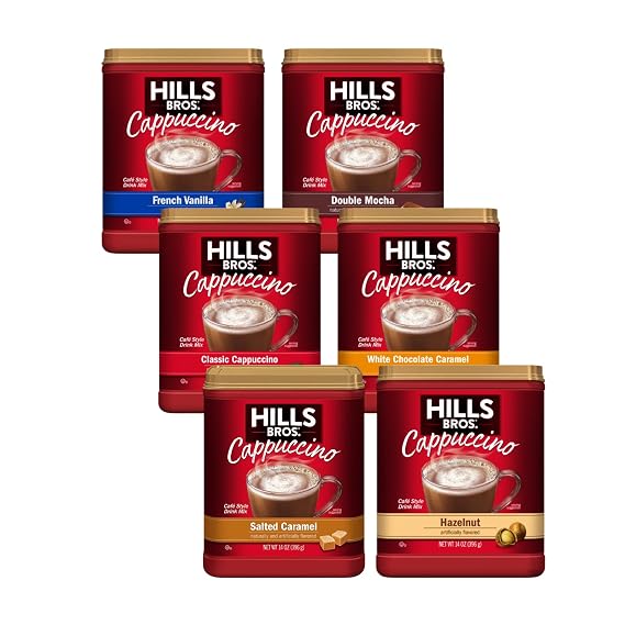Hills Bros. Cappuccino, Variety Pack - Double Mocha, French Vanilla, White Chocolate Caramel 16 Ounce Each & Classic, Salted Caramel, Hazelnut 14 Ounce Each