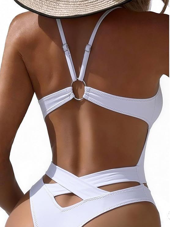 Sexy Backless High Cut One Piece Swimsuit for Women Deep V Neck Thong Bottom Open Back Bathing Suit
