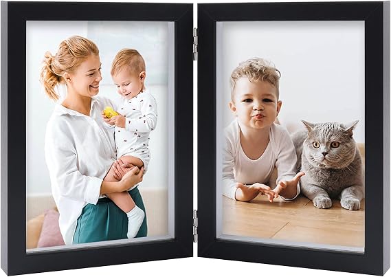 AEVETE 5x7 Double Picture Frames Hinged Wood Folding Picture Frames Vertically Display with Real Glass Front, Black | 5x7 double picture frames vertical with real glass Front display