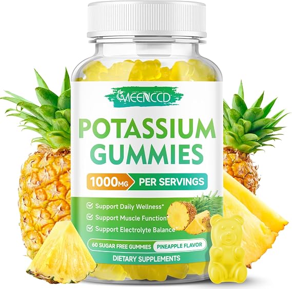 Potassium Citrate Gummies 1000mg, High Potency Potassium Supplement Gummies for Adults Women & Men, Support Muscle Health, Sugar-Free, Pineapple Flavor, 60 Count