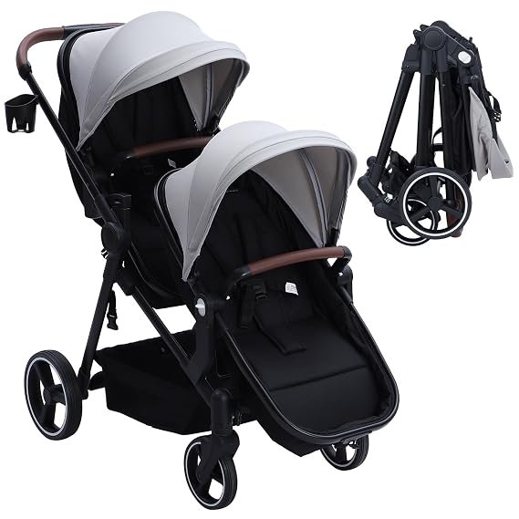 Tandem Double Stroller Newborn and Toddler, Foldable Twin Stroller with Reversible Seat, 5-Point Safety Harness, Adjustable Backrest & Canopy, Storage Basket, Light Grey