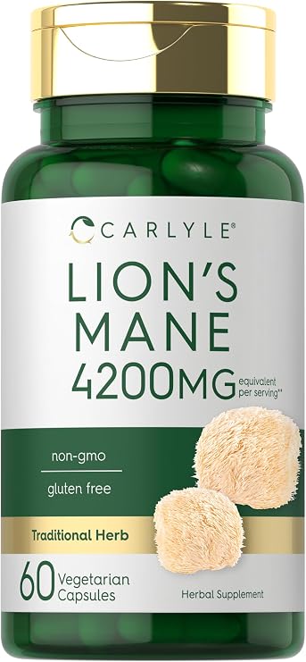 Carlyle Lions Mane Mushroom Capsules | 60 Count | Fruiting Body Formula | with Black Pepper Extract | Vegetarian, Non-GMO, and Gluten Free Supplement
