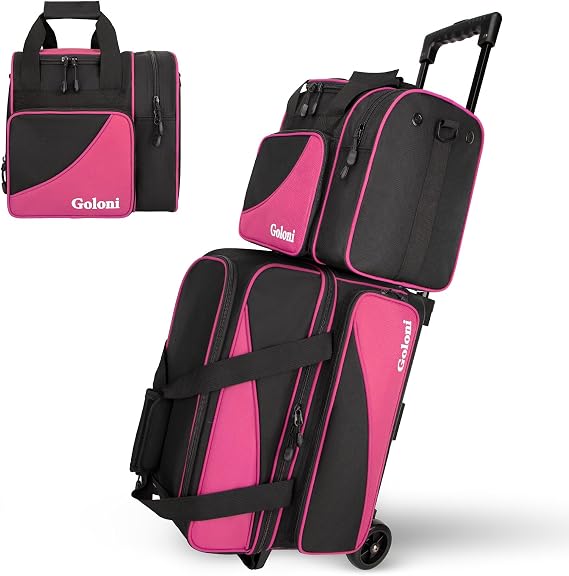 Goloni 3 Ball Bowling Bag with Wheels, 2+1 Double Roller Bowling Bag with Shoe Compartment,Tote Bag for Bowling Accessories