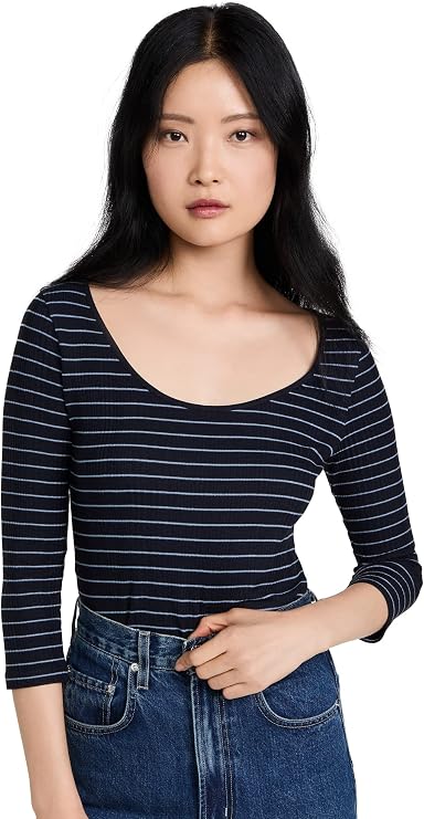 Vince Women's Striped Rib 3/4 SLV Scoop Nk