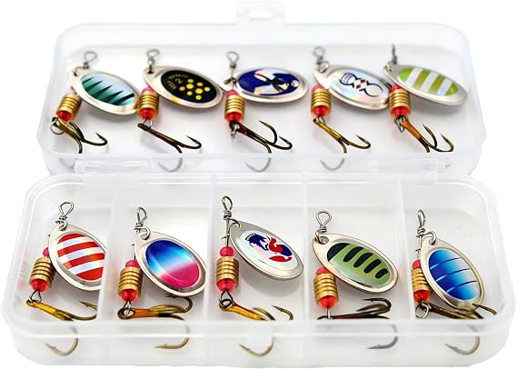 Inline Spinner Baits & Spoon Lures Kit, Fishing Tackle Box | Trout Spinners & Spoons for Freshwater Lake Fishing, Durable Metal Micro Lures Kit for Bass Salmon, Compact Storage Case