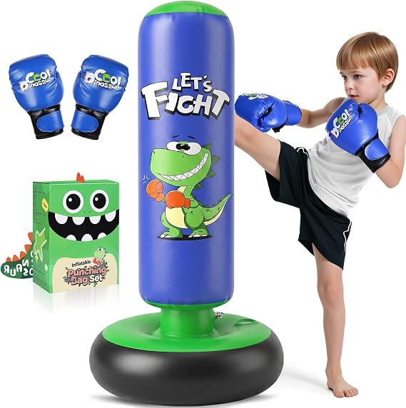 Inflatable Punching Bag, 48" Inflatable Bag for Kids with Boxing Gloves for 3-8 Kids, Stable Boxing Set for Practicing Karate, Taekwondo,Dinosaur Toy & Gifts for Boys
