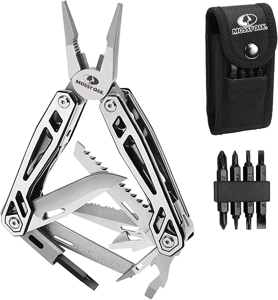 Mossy Oak Multi-Functional Pliers with Spring, 21-in-1 Outdoor Multi-Tool, Outdoor Knife, Pliers, Wire Cutter, Saw, Screwdriver, Measuring Tape, Can Opener, Bottle Opener, Includes Driver Bits,