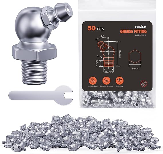TRILINK M6 Zerk Grease Fittings, Metric Grease Nipples with 45-Degree Angle, Grease Fittings Kit with Wrench for Quick Installation Ideal for Automotive, Agricultural & Industrial Machinery (50pcs)