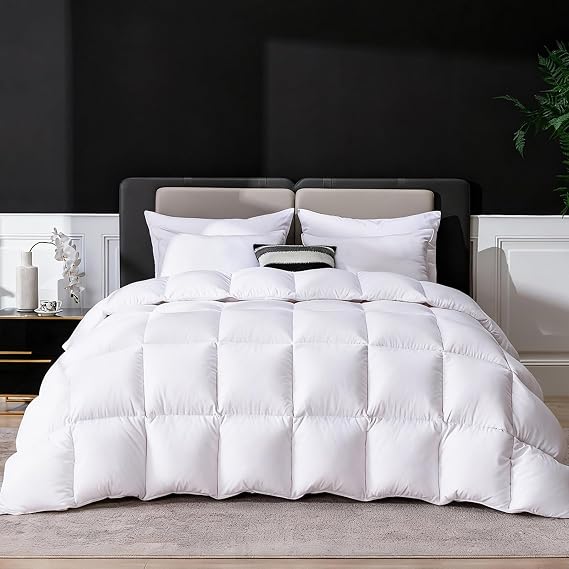 Goose Feather Down Fiber Comforter King Size, Ultra Soft Medium Warm Duvet Insert, All Season Luxury Hotel Bedding Comforters with Corner Tabs(White,106x90)