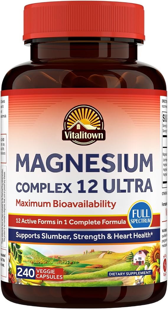 Vitalitown Magnesium Complex Supplement, Magnesium Glycinate, Citrate, Malate, Relaxation, Bone, Heart Health, Chelated, Non-GMO, High Absorption, 240 Capsules