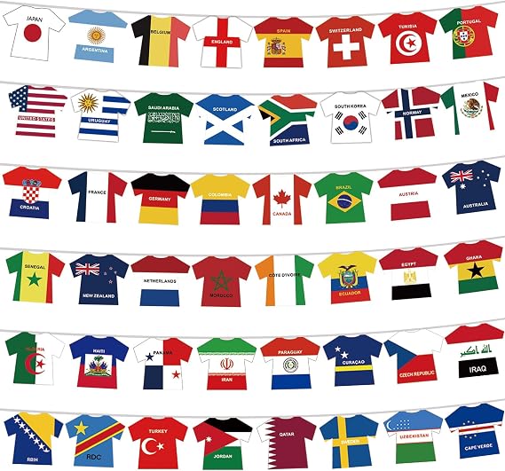 World Football Flags Bunting 2026, 50ft/15m, Update 48 Qualified Countries Jersey Bunting for World Cup Decorations, Double Sides Flag for Bar Club Home Decor (1 Pack)
