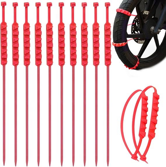 Snow Chains for E-bike Motorbike, 10Pcs Non-slip Tire Chains Wheel Chains for Snow Nylon Ice Breaking Multi-layer Teeth Winter Snow Tire Chains, Red, Tire Socks For Snow