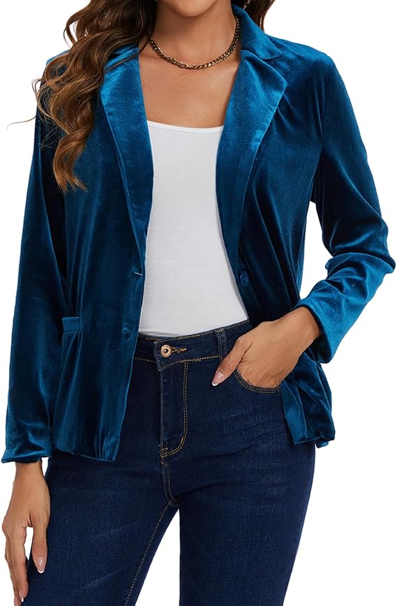Velvet Blazer for Women Casual Work Long Sleeve Suit Jacket | With Pockets, Fully Lined, Button Closure, Business Casual Work Office Blazer