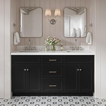 DKB Bradford 66" Black Double Bathroom Vanity, 1.5" Edge Pure White Quartz Countertop, Rectangular Undermount Sinks, Soft Closing Doors & Dovetail Drawers, Brushed Nickel