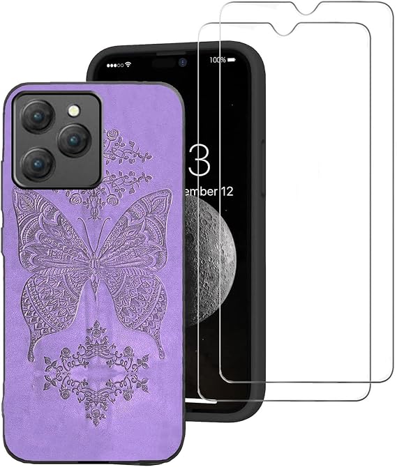 for Umidigi G9X Case with 2 Pack Screen Protector,Cute 3D Flower Soft Black Silicone TPU Shockproof Phone Case for Women Girls,Full Body Case for Umidigi G9X -Purple