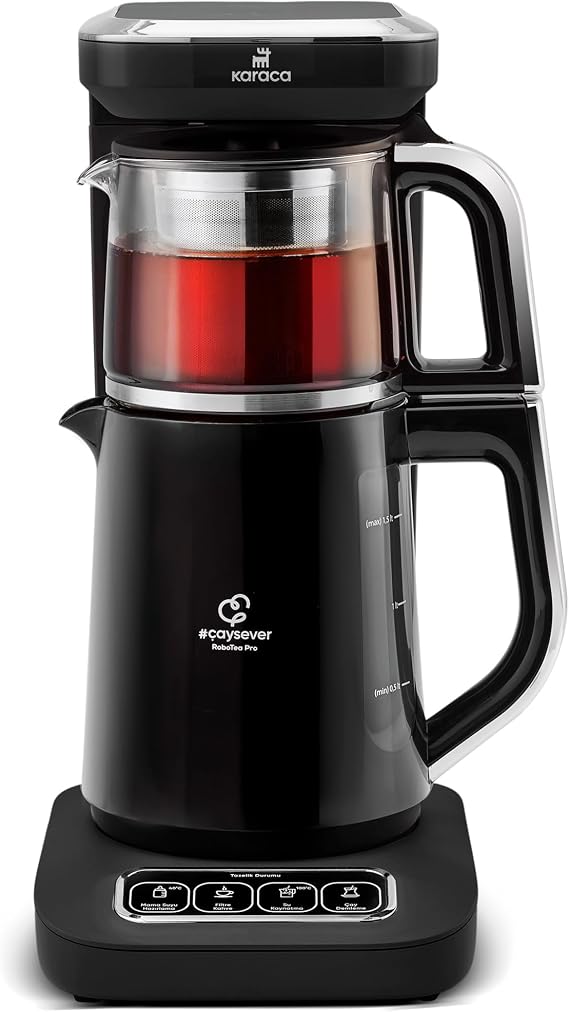 KARACA Caysever Robotea Pro 2.3L Tea Maker & Filter Coffee Machine, Smart Electric Kettle & Glass Teapot, Talking Automatic Turkish Teapot, 2500W, Black & Chrome