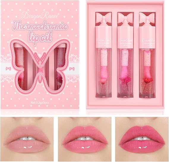 3PCS Gold Flower Colour Changing Lip Gloss Set – Temperature Reactive Tinted Lip Gloss, Moisturising Lip Care Set (3PCS SetD)