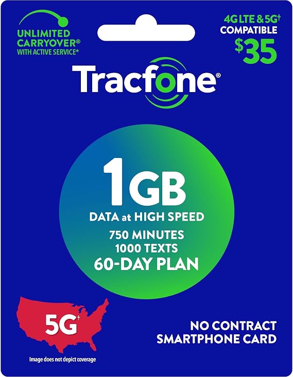 TracFone $35 750分 テキスト1000枚 1GB データ 60日プラン 物理配送