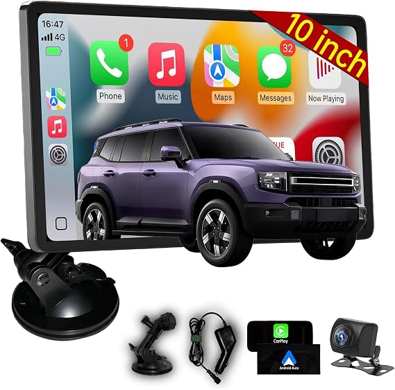 10 Inch CarPlay Screen for Car, 10.1" Touch Screen with Apple CarPlay & Android Auto, Portable CarPlay Stereo for Cars, Vans, Pickups, and SUVs, with Navigation & Voice Control