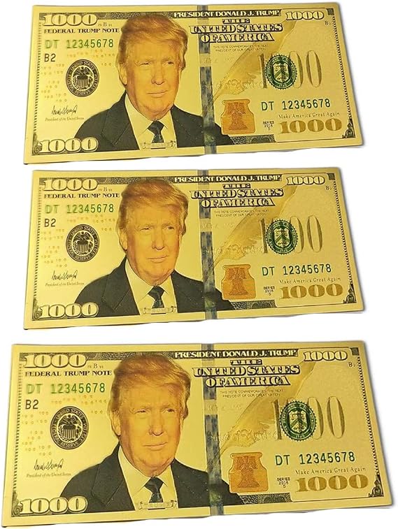 3 Pack - 1000 USD Commemorative President Donald Trump Collectible Gold Plated Fake Bank Note