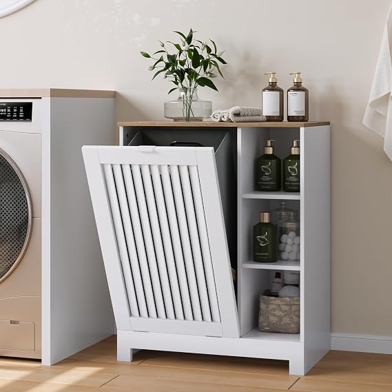 Smart FENDEE Tilt Out Laundry Hamper Cabinet with Louvered Door and Side Shelf, Bathroom Storage Cabinet with Removable Clothes Bin, 60 x 37 x 75 cm, White