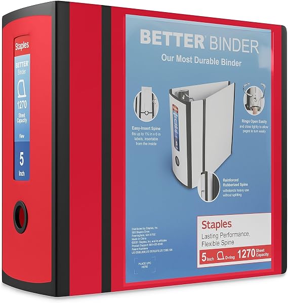 Staples Better Binder, 5 Inch D-Ring, Red, 1270 Sheets, 2-Pack
