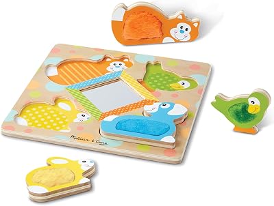 Melissa & Doug First Play Peek-a-Boo Pets Wooden Touch and Feel Puzzle with Mirror Mirror Toy for Babies and Toddlers, Sensory Toy Puzzle
