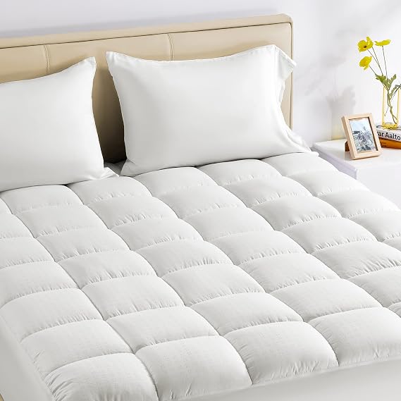 SLEEP ZONE Queen Size Cotton Mattress Pad, Soft Fluffy Cotton Top Mattress Topper, Machine Washable Mattress Protector Cover Fits 8-21 inch Deep Pocket, Queen