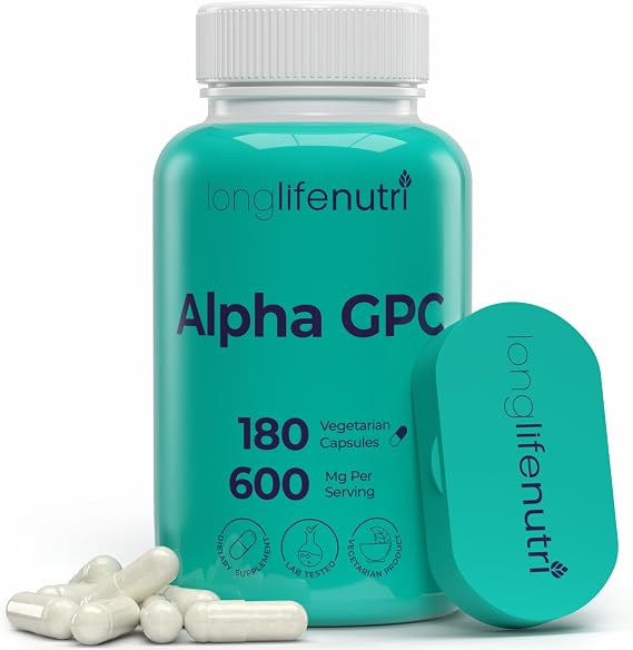 Alpha GPC Choline Supplement 600mg 180 Vegetarian Capsules, High Purity Nootropic for Daily Energy, 3-Month Supply, Acetylcholine Source for Cognitive & Mental Clarity, GMP Certified, Made in USA