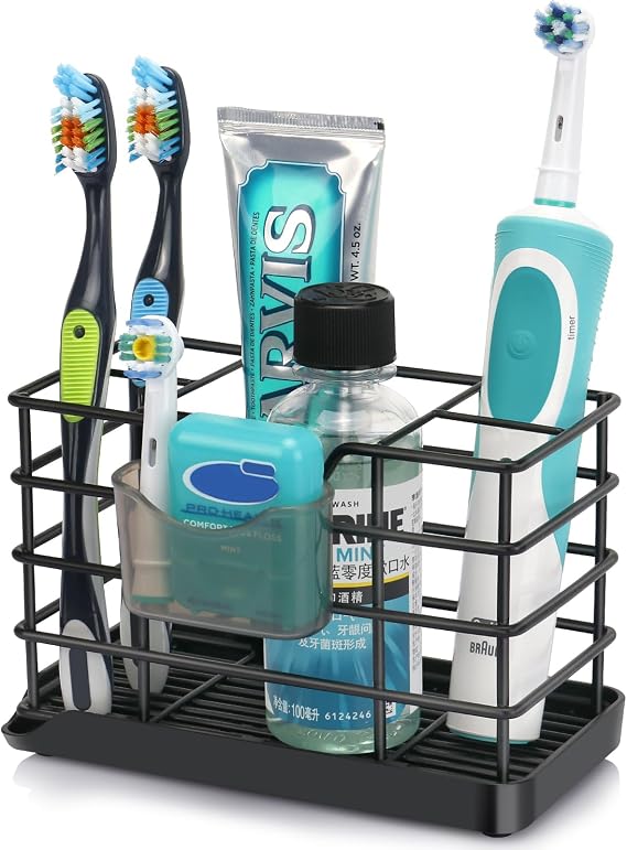 CHONLY Stainless Steel Toothbrush Holder, Detachable Drain Tray Electric Toothbrush Holder, Large Space Toothbrush Holders for Bathroom, Black Bathroom Organizers, 5 Slots Bathroom Counter Organizer